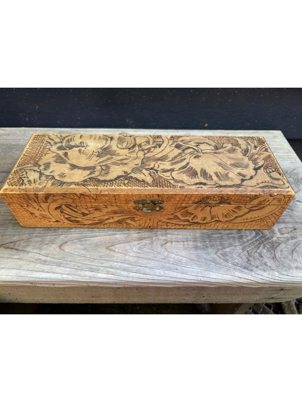 Antique Flemish Art Co. Pyrography Wood Box, Rose Floral Design, NY c1900s